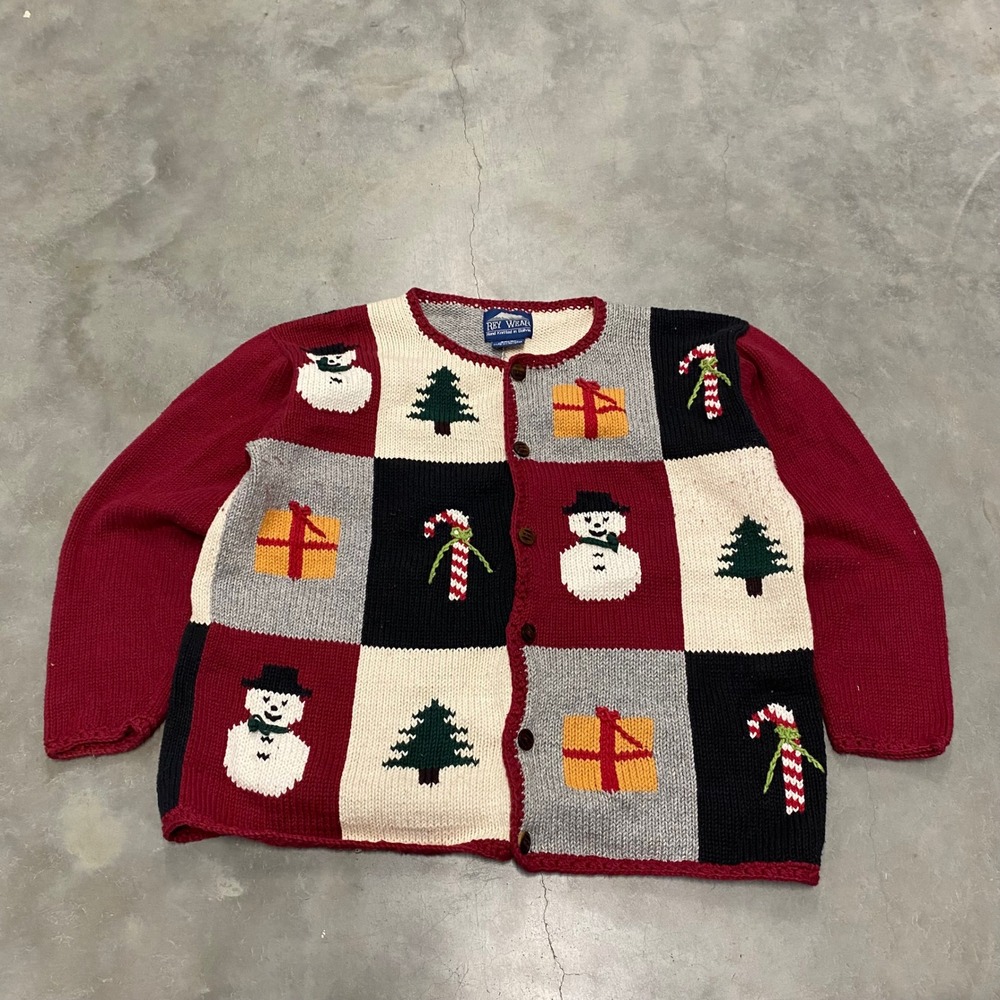 Rey Wear Hand Knitted Christmas Cardigan Sweater Womens XL Cotton Patchwork
